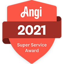Red badge with “Angi 2021 Super Service Award” written on it, indicating recognition for high-quality service in 2021.