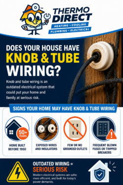 Infographic warning about the dangers of knob-and-tube wiring, highlighting electrical safety risks like home age, lack of grounded outlets, and frequent blown fuses; encourages upgrades to safer house wiring.