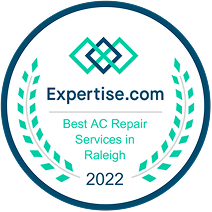 Circular badge displaying "Expertise.com Best AC Repair Services in Raleigh 2022" with decorative laurel leaves and geometric design.