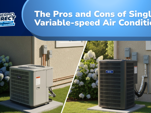 Side-by-side outdoor units next to a house, illustrating the pros and cons of single-speed air conditioners versus variable-speed air conditioners for a comparison article.