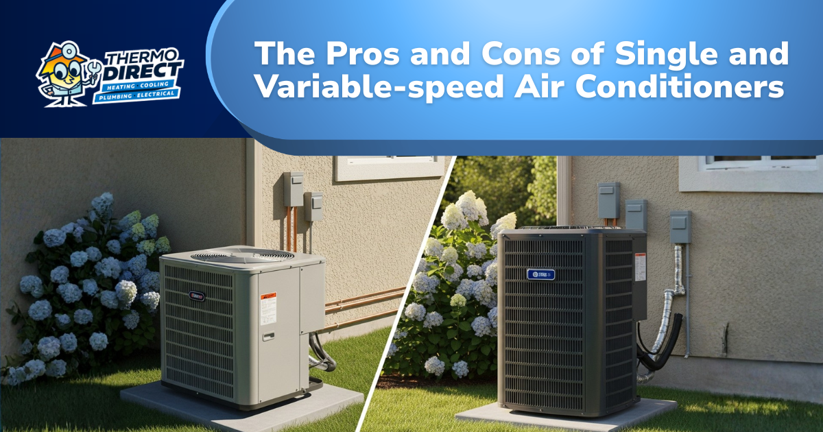 Side-by-side outdoor units next to a house, illustrating the pros and cons of single-speed air conditioners versus variable-speed air conditioners for a comparison article.