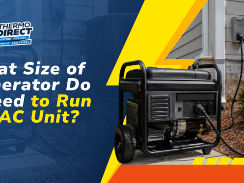 A portable generator plugged into a house is shown next to text that reads, “What Size of Generator Do I Need to Run My AC Unit?” with a Thermo Direct logo above, helping homeowners determine what size generator is necessary to reliably run an AC unit.
