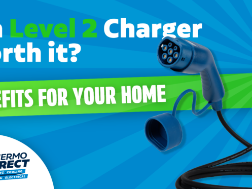 A blue Level 2 EV charger is shown with the text: "Is a Level 2 Charger Worth it? Benefits for Your Home." Thermo Direct logo is visible in the bottom left corner.