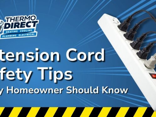 A power strip with multiple cords plugged in, next to text reading "Extension Cord Safety Tips Every Homeowner Should Know" on a blue background—perfect for learning essential extension cord safety and helpful homeowner tips.