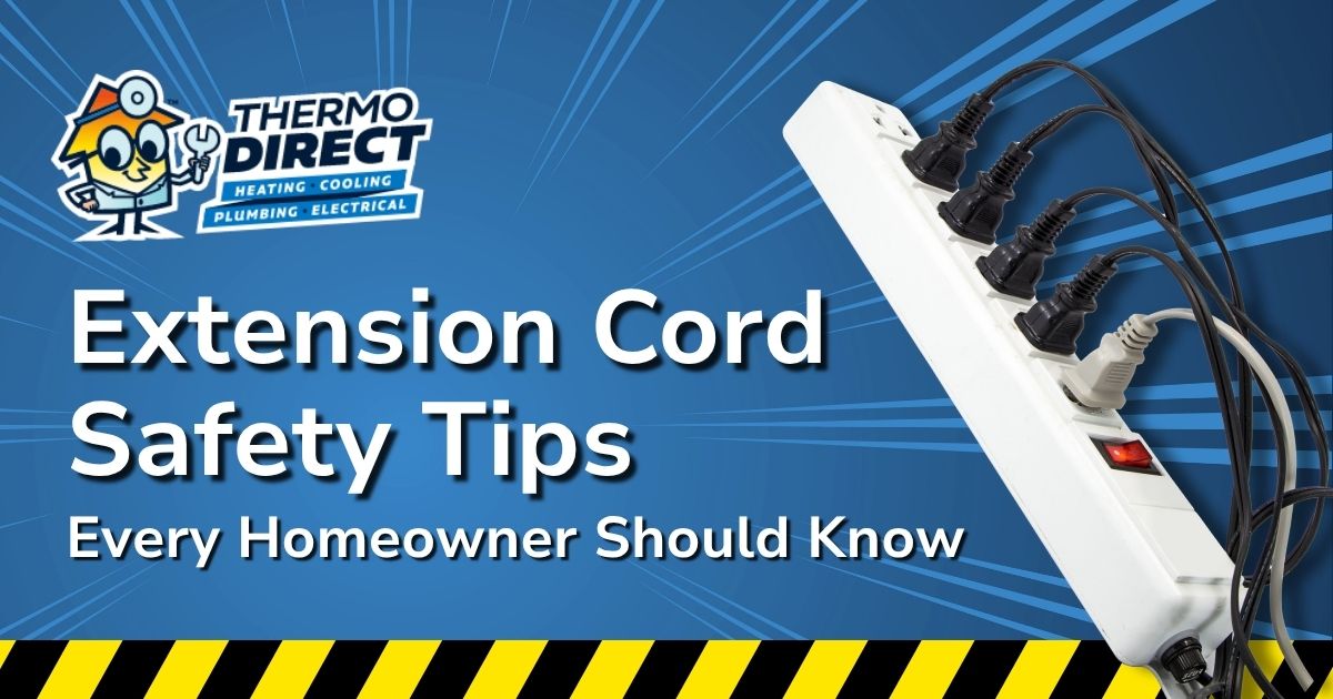 A power strip with multiple cords plugged in, next to text reading "Extension Cord Safety Tips Every Homeowner Should Know" on a blue background—perfect for learning essential extension cord safety and helpful homeowner tips.