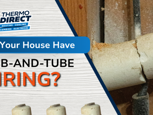 Close-up of old knob-and-tube wiring on a wooden board, with the Thermo Direct logo and text asking if your house wiring still uses knob-and-tube wiring.