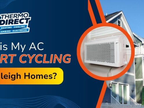 Thermo Direct ad asks: Why is AC short cycling in Raleigh homes? Features images of an air conditioner and neighborhood houses.