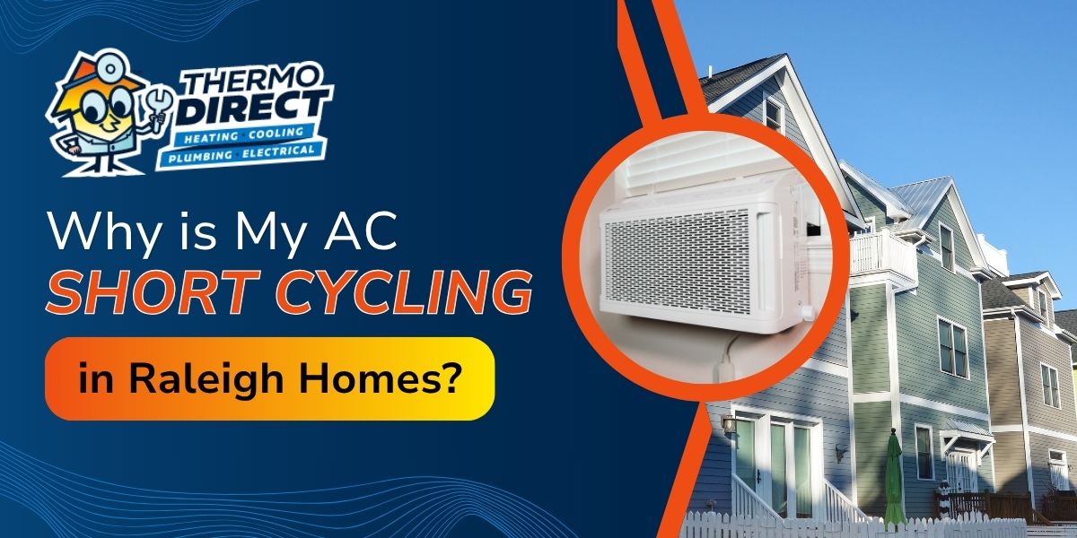 Thermo Direct ad asks: Why is AC short cycling in Raleigh homes? Features images of an air conditioner and neighborhood houses.