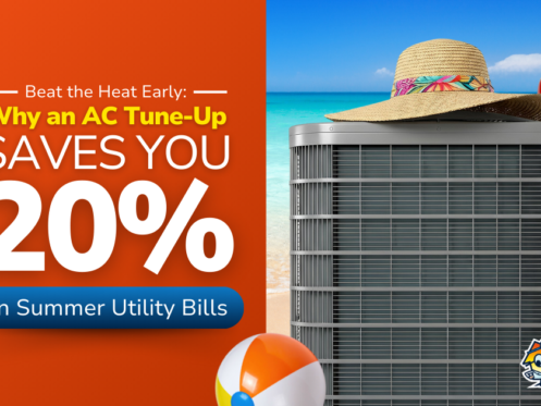 An air conditioning unit on a beach, decorated with a sunhat and beach balls, next to text promoting 20% savings on summer utility bills—beat the heat with an AC tune-up!.