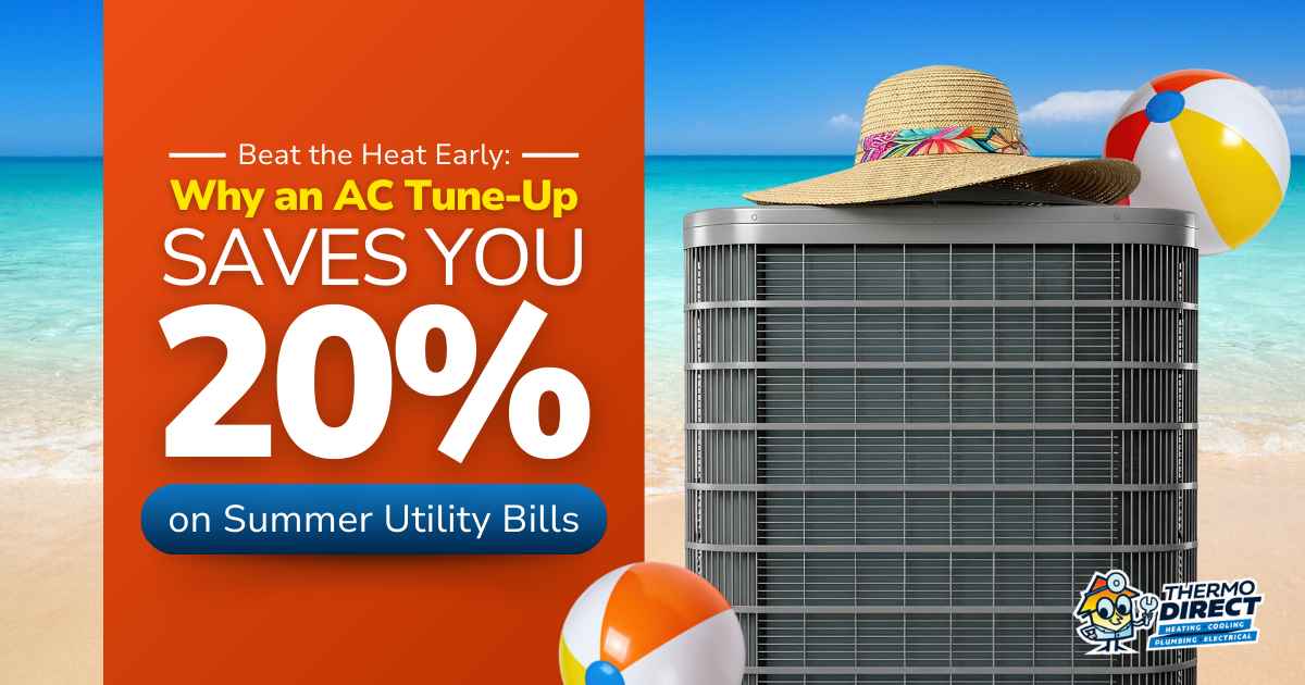 An air conditioning unit on a beach, decorated with a sunhat and beach balls, next to text promoting 20% savings on summer utility bills—beat the heat with an AC tune-up!.