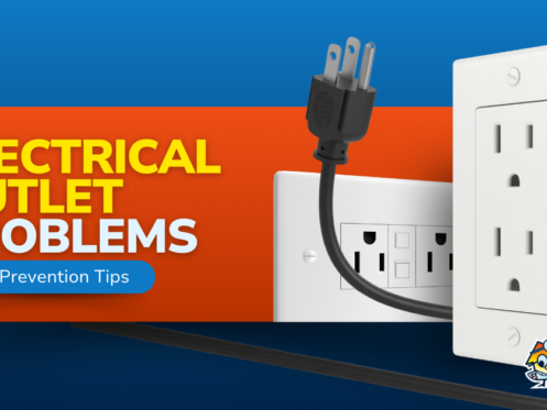 A black electrical plug is partially unplugged from a white wall outlet, highlighting Electrical Safety concerns. Text reads: "Electrical Outlet Problems and Prevention Tips." Thermo Direct logo is in the bottom right corner.