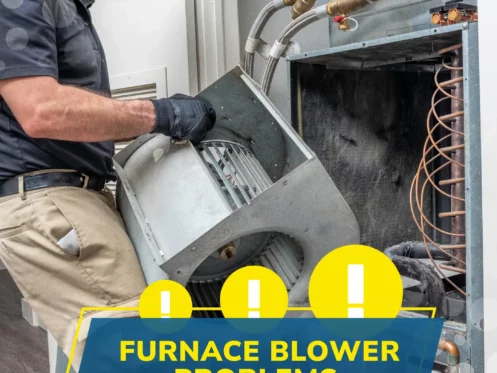 A technician wearing safety gear inspects and repairs a furnace blower unit, with text overlay about identifying and performing furnace blower repair quickly to fix furnace blower problems.