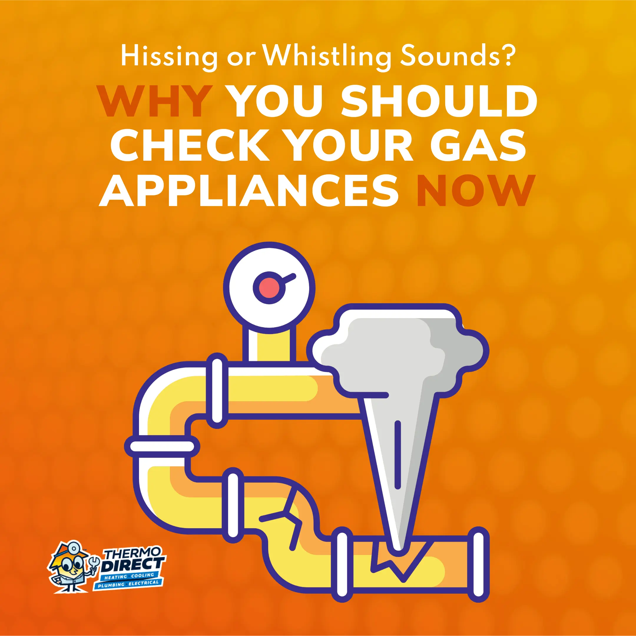 Illustration of a faulty gas pipe emitting smoke, with text warning to check gas appliances immediately if hissing sounds or whistling sounds are heard. Thermo Direct logo in the bottom left corner.