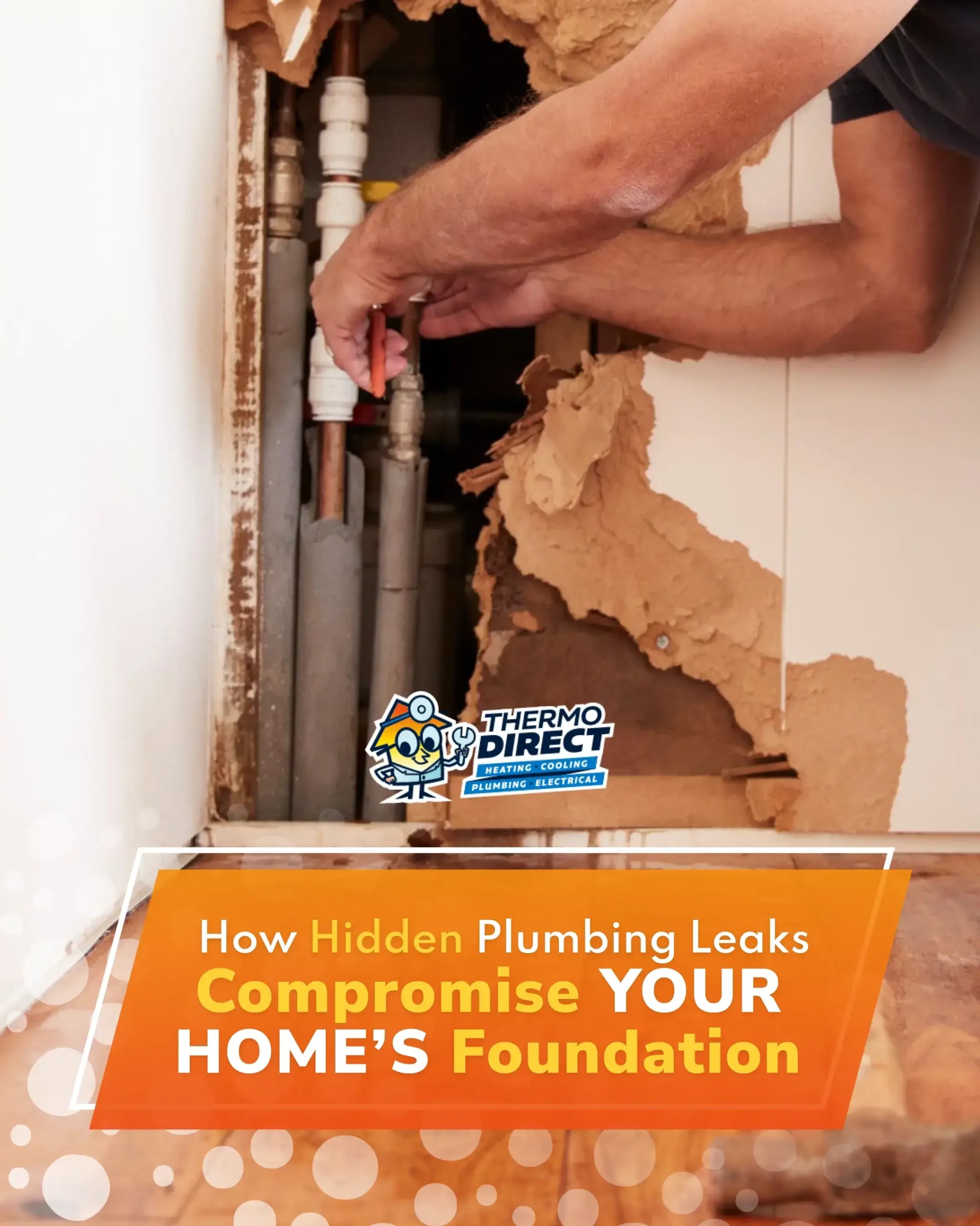 A person repairs exposed plumbing behind a damaged wall with peeling material, highlighting issues with hidden plumbing leaks and potential home foundation risks.