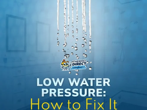 Showerhead with weak water flow, blue bathroom background, and text: "Fix Low Water Pressure: How to Improve Flow and When to Call a Plumber.