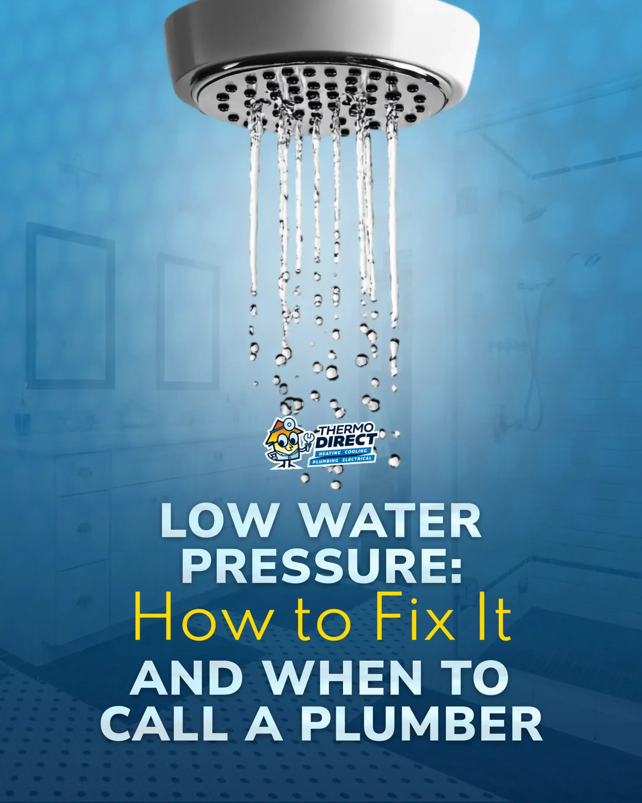 Showerhead with weak water flow, blue bathroom background, and text: "Fix Low Water Pressure: How to Improve Flow and When to Call a Plumber.