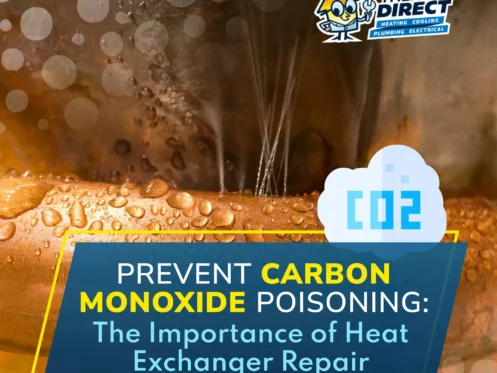 Close-up of water droplets on a metallic surface with text about preventing carbon monoxide poisoning through expert heat exchanger repair. Thermo Direct logo and CO2 icon are visible.