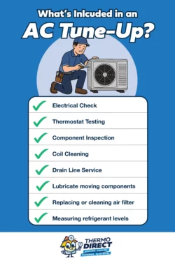 Illustration showing a technician servicing an air conditioner with a checklist of AC Tune-Up tasks, like electrical check, thermostat testing, and filter replacement—perfect to help you beat the heat and lower those summer utility bills.