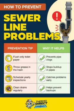 Infographic outlining tips for homeowners to prevent sewer line problems—like flushing only toilet paper and avoiding grease—plus broken sewer line symptoms to watch for, reasons behind each tip, and the importance of regular inspections.