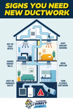 Diagram of a house showing signs you may need new ductwork, including dust, hot or cold spots, high energy bills, weak airflow, rust, and torn ducts. Thermo Direct logo at bottom.