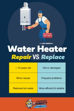 Infographic showing when to replace or repair a water heater, highlighting warning signs and criteria for each option, with an illustration of a technician holding tools.
