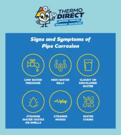 Informational graphic listing six signs and symptoms of pipe corrosion and plumbing risks: low water pressure, high water bills, cloudy water, strange tastes or smells, strange noises, and water stains.
