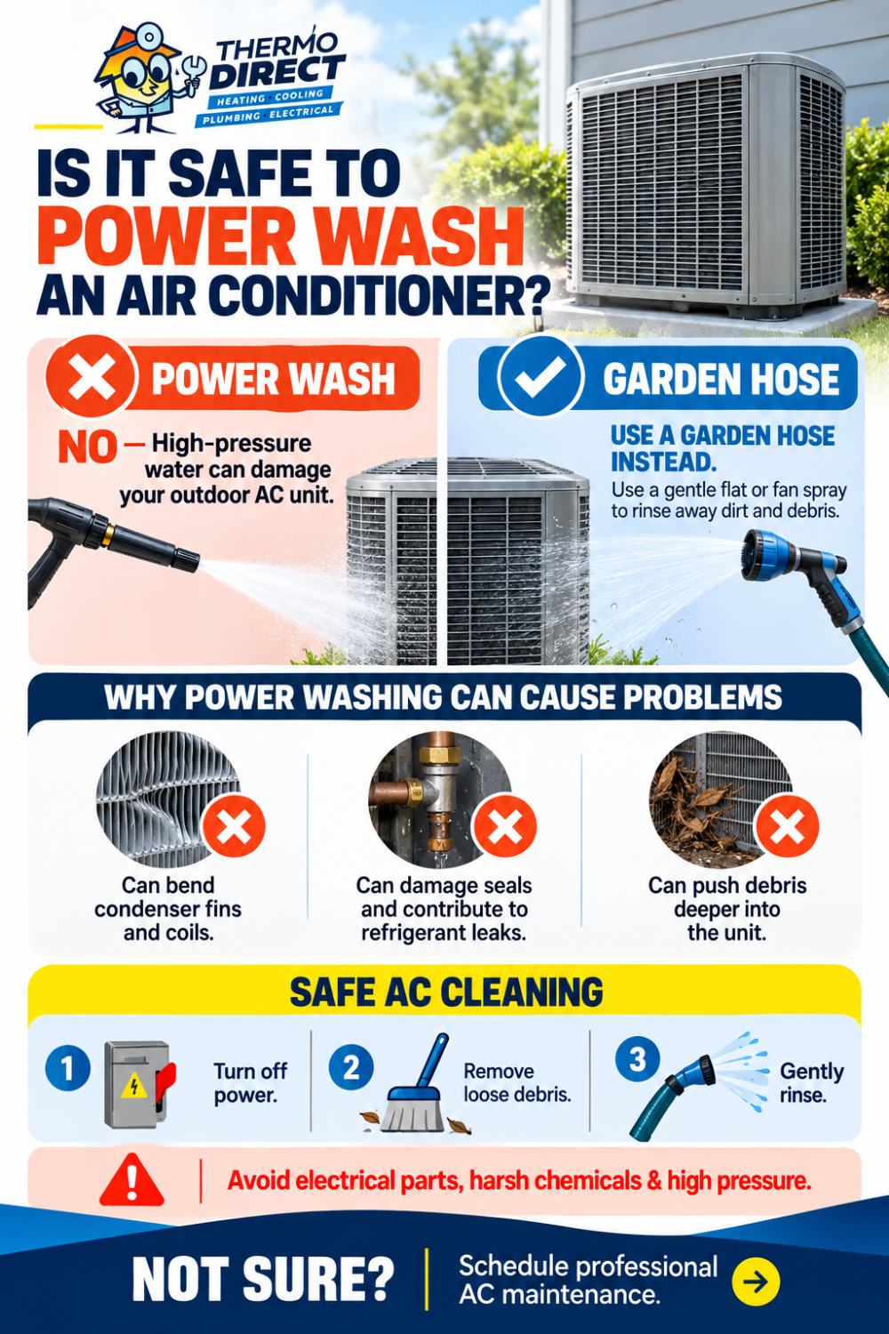 Infographic detailing why a garden hose is safer than a power wash for cleaning an air conditioner, outlining risks and safe maintenance steps.