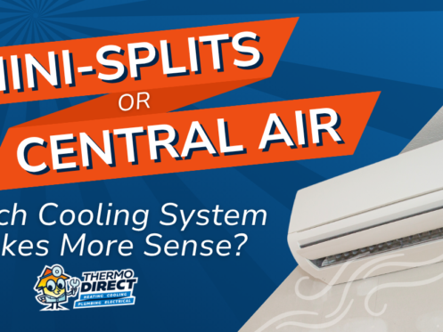 A split air conditioning unit on a wall with text: "Mini-Splits or central air—which cooling system makes more sense for you?" and the Thermo Direct logo.