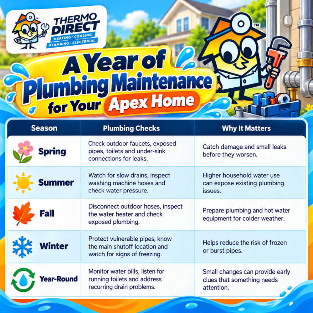 “A Year of Plumbing Maintenance for Your Apex Home,” featuring a seasonal checklist of plumbing services and their benefits.