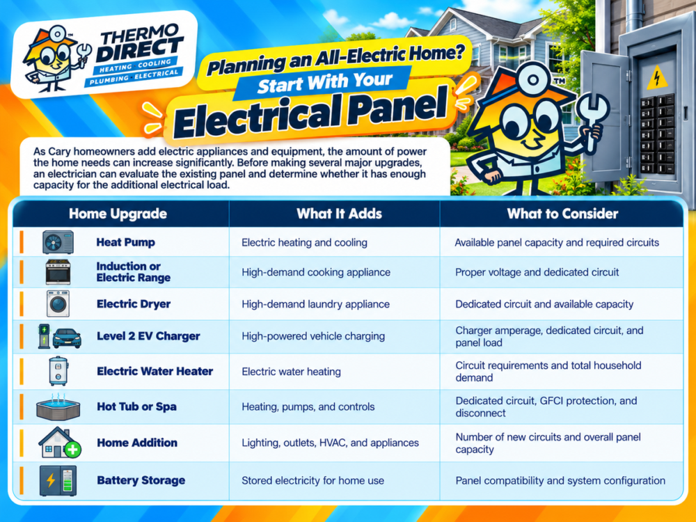 Infographic titled “Planning an All-Electric Home? Start With Your Electrical Panel” showing home upgrades and considerations for electrical services in Cary, NC.