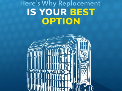 An outdated heating system is shown with text asking why an HVAC replacement is your best option. The Thermo Direct logo is in the corner.