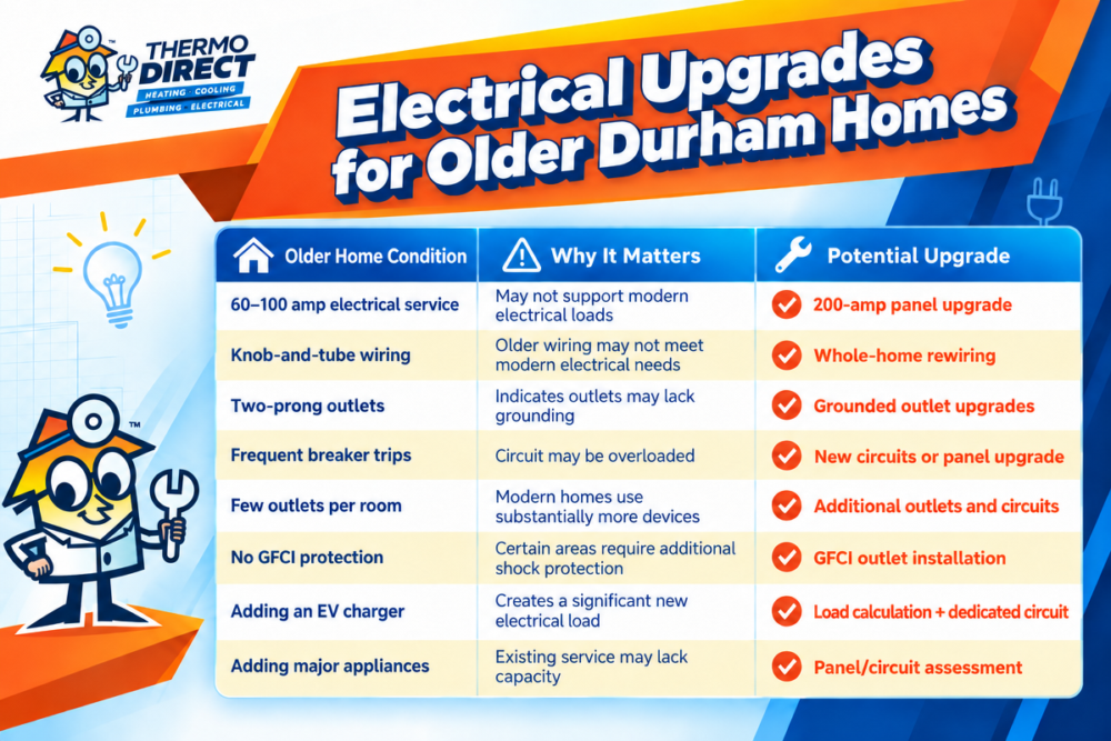 Infographic titled Electrical Upgrades for Older Durham Homes, listing common electrical issues and solutions provided by local electricians in Durham.