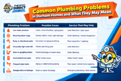 Infographic titled “Common Plumbing Problems in Durham Homes” listing eight issues, their causes, and the plumbing services a Durham plumber recommends.