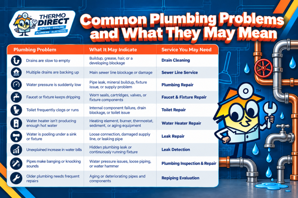 An infographic titled “Common Plumbing Problems and What They May Mean” listing issues, causes, and the plumbing services needed from Holly Springs plumbers.