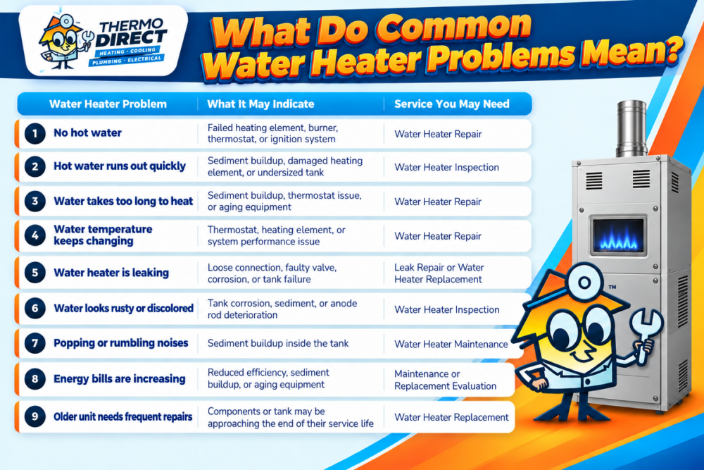 Infographic titled “What Do Common Water Heater Problems Mean?” showing nine issues and repairs, accompanied by a mascot with a wrench to guide your search for water heater services in Durham, NC.